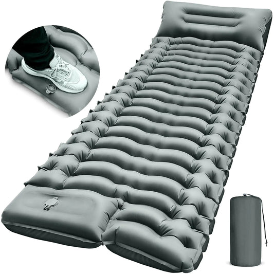 Camping Sleeping Pad Ultralight Camping Mat with Pillow Built-in Foot Pump Inflatable Sleeping Pads Compact for Camping Backpacking Hiking Traveling - Gray