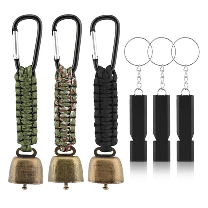 Bear Bell with 3pcs Whistle Aluminum Bear Bells for Hiking and Emergency Whistle for Hiking Biking Fishing Climbing Outdoor Camping and Hiking Protection(Size:6 PCS)