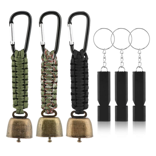 Bear Bell with 3pcs Whistle Aluminum Bear Bells for Hiking and Emergency Whistle for Hiking Biking Fishing Climbing Outdoor Camping and Hiking Protection(Size:6 PCS)